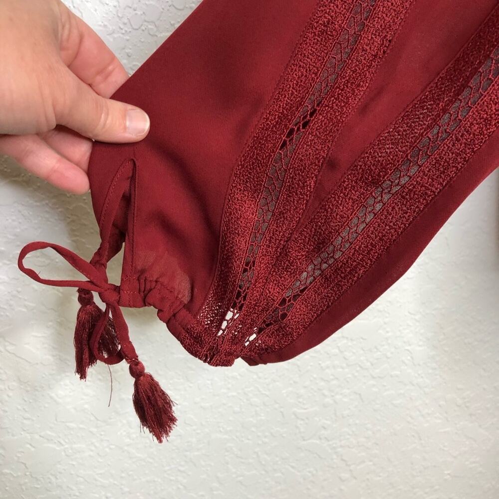 Rebecca Minkoff dark red lace ruffle trim tie sleeve top size Large feminine - Picture 6 of 16